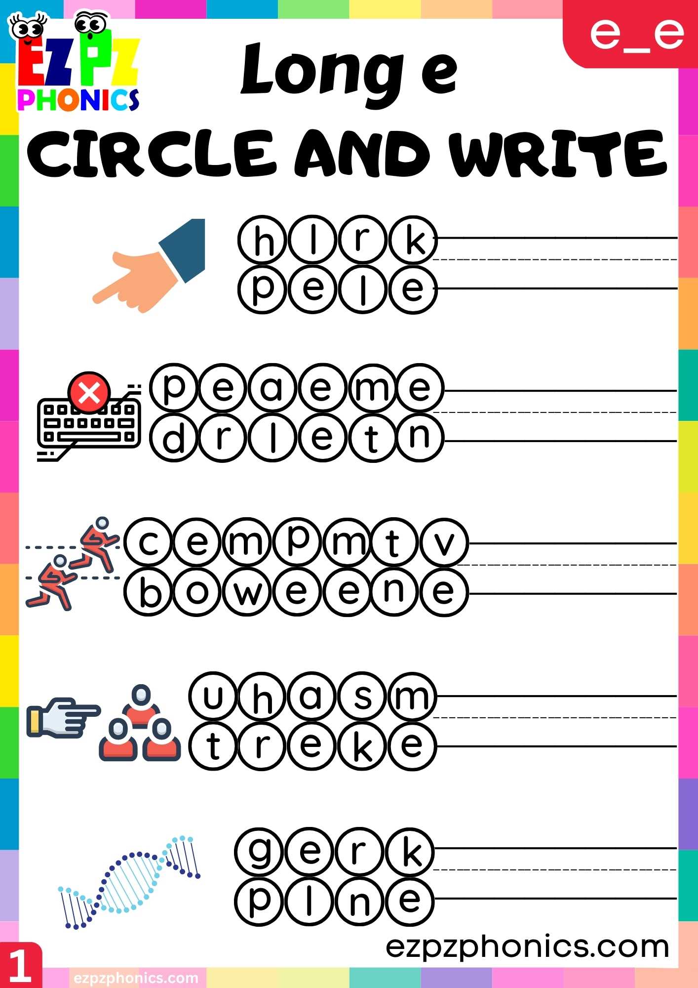 E_E Words Circle And Write Long E Phonics Worksheet
